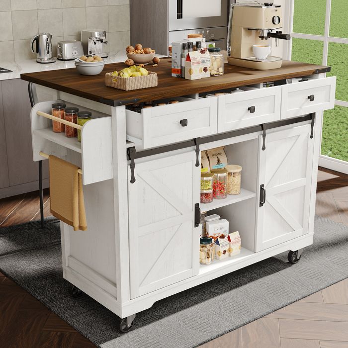 Îlot Central de Cuisine Mobile - Portes Coulissantes - Plateau Extensible Effet Bois - 3 Tiroirs - Desserte de Cuisine Îlot Central de Cuisine Mobile - Portes Coulissantes - Plateau Extensible Effet Bois - 3 Tiroirs - Desserte de Cuisine