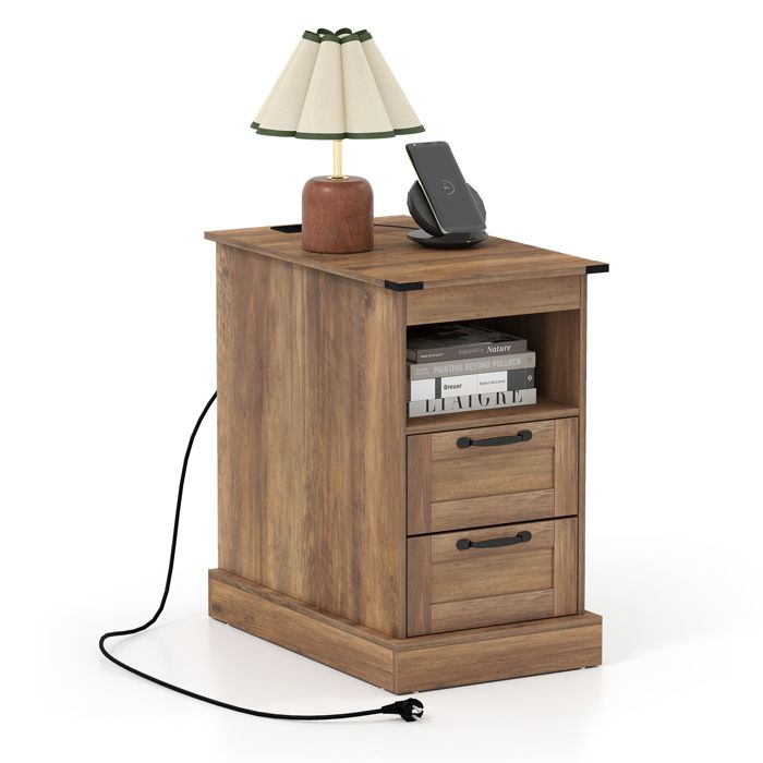 COSTWAY Table de Chevet 60 x 355 x 62 cm avec Station de Charge Étagère Ouverte et 2 Tiroirs Marron COSTWAY Table de Chevet 60 x 355 x 62 cm avec Station de Charge Étagère Ouverte et 2 Tiroirs Marron