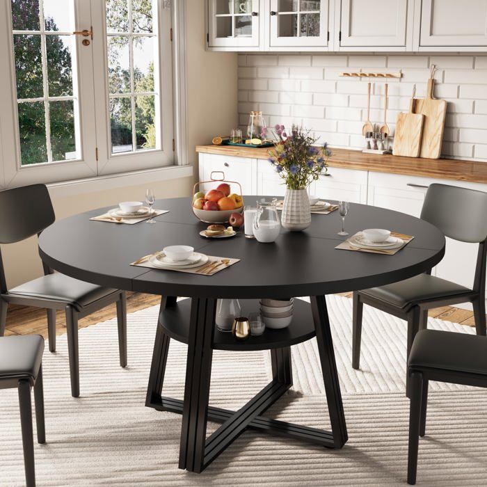 Table à manger ronde - LUNSY - 120 cm - 4 à 6 personnes - Étagère de rangement intégrée - Piètement circulaire en métal
