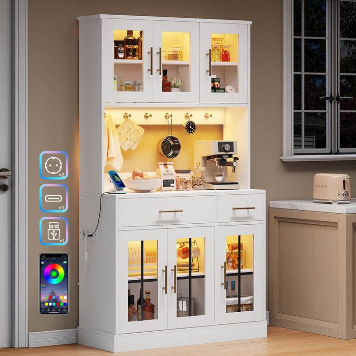 Buffet Cuisine 100 cm Buffet Salle à Manger avec LED 2 Prises et USB C/A Meuble Cuisine Haut avec Plan de Travail Blanc