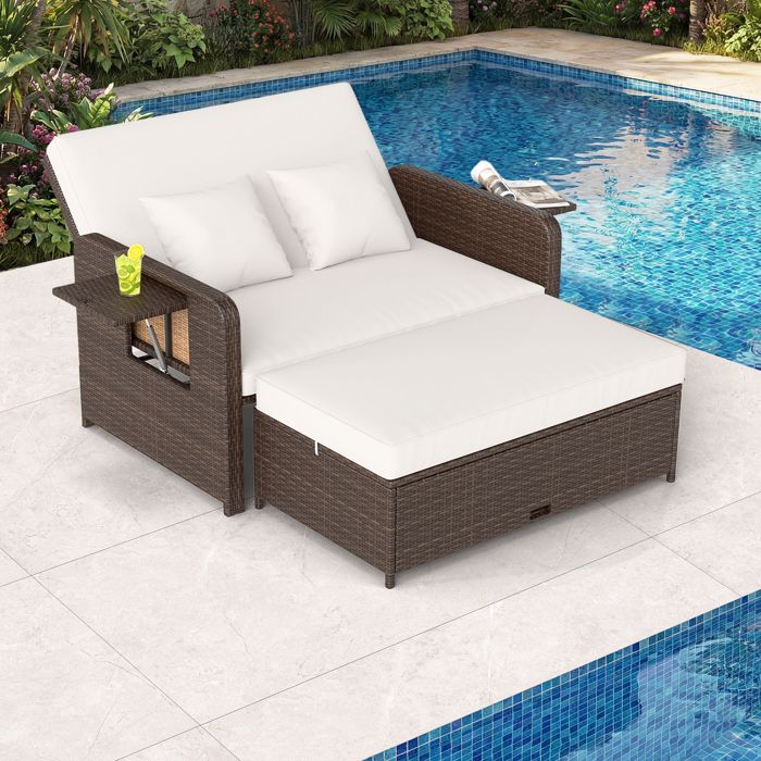 Salon de Jardin en Rotin PE COSTWAY Ottoman de Rangement Dossier Réglable à 4 Niveaux Tables Latérales Pliantes Coussins Blanc Salon de Jardin en Rotin PE COSTWAY Ottoman de Rangement Dossier Réglable à 4 Niveaux Tables Latérales Pliantes Coussins Blanc