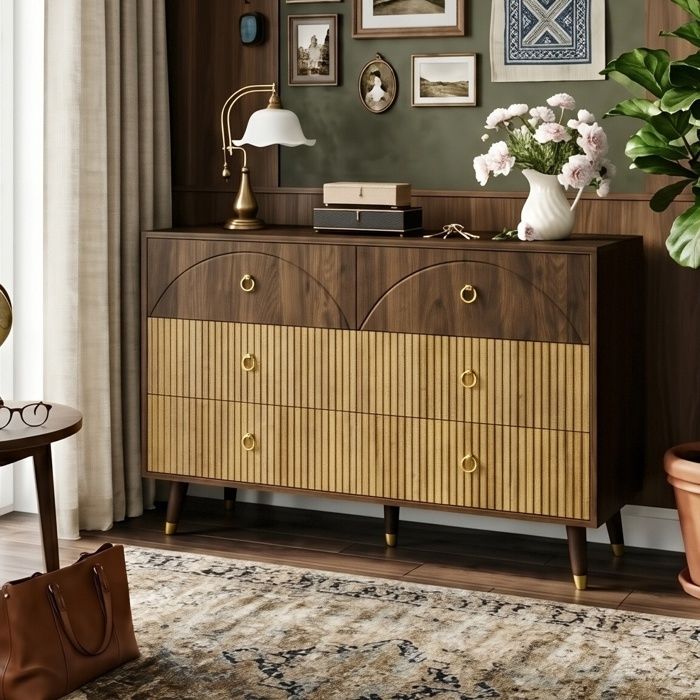 Commode 6 Tiroirs 120cm Bois Bicolore Rétro - Poignées Anneau Or & Pieds Bois Massif - Buffet Écologique Sécurisé Salon