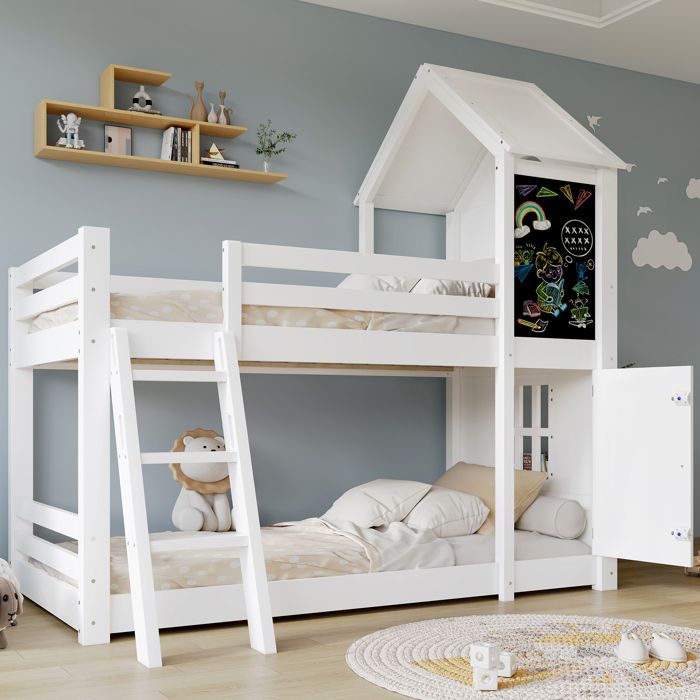 Lit superposé enfant 90 x 200 cm avec petite porte et tableau noir fenêtres et toit échelle à trois marches - pin + MDF - blanc