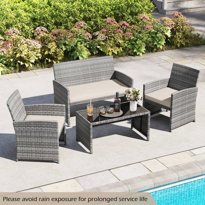 GIANTEX Salon de Jardin avec Coussins 4 Pièces en Osier avec Table Basse en Verre Trempé Canapé 2 Places et 2 Fauteuils Blanc GIANTEX Salon de Jardin avec Coussins 4 Pièces en Osier avec Table Basse en Verre Trempé Canapé 2 Places et 2 Fauteuils Blanc