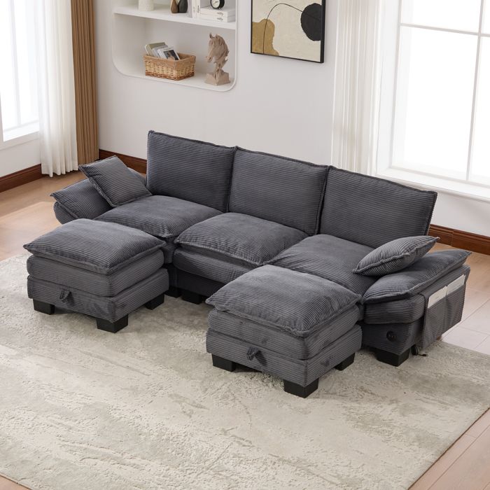 Canapé modulaire 3 places en velours côtelé - Gris foncé - 260x132x84 cm - 2 poufs inclus - Port USB-C intégré