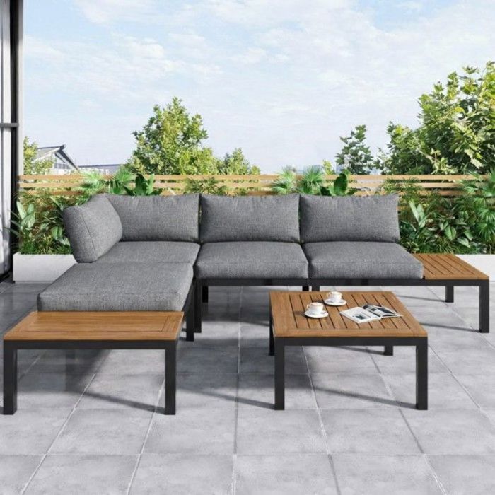 Salon de Jardin Exterieur 5 Pièces en Acacia Massif Acier Galvanisé Coussins Gris Déhoussables O.Ye