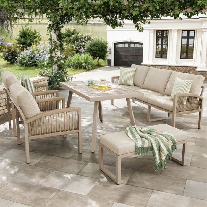 Canapé de Jardin Tressé à Main pour 7 Personnes Structure Fer Robuste Accoudoirs Rembourrage Beige Résistant aux Intempéries
