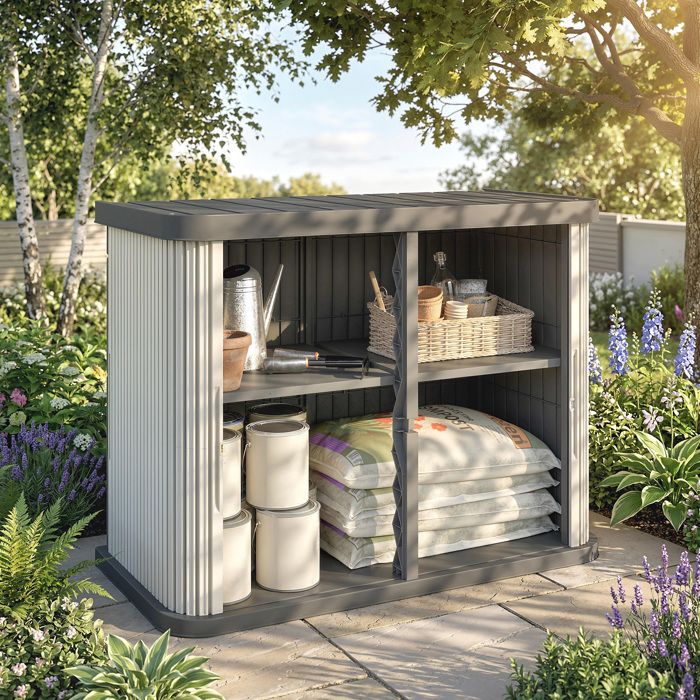 Coffre de Rangement Extérieur 480 L 2 Niveaux avec Portes Coulissantes Résistant aux UV 1205x595x92cm Marron Clair