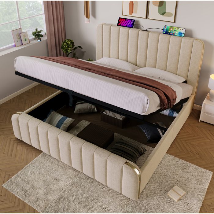 Lit double beige 180×200 cm coffre hydraulique USB et Type-C sommier inclus sans matelas