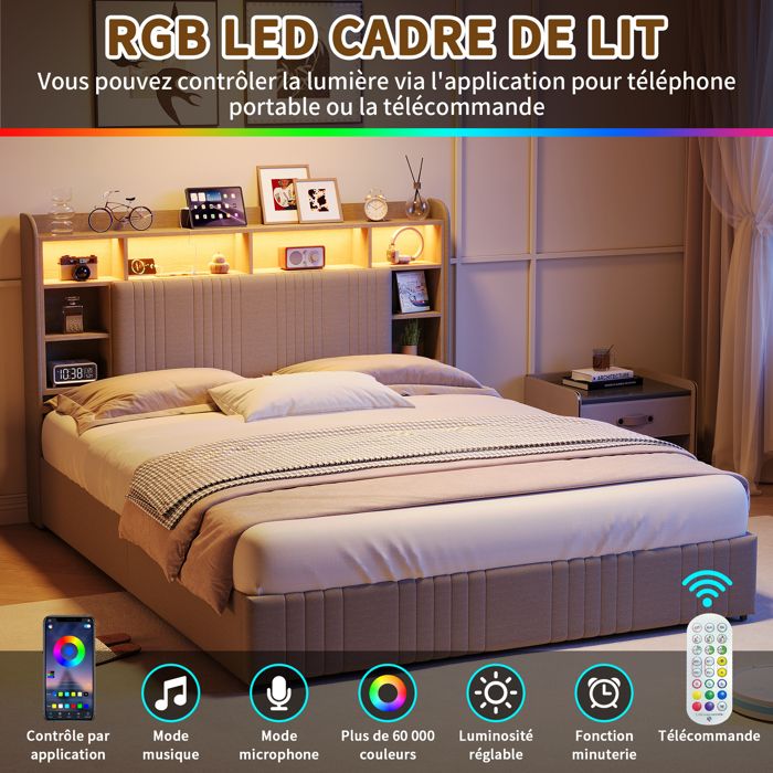 Lit Double 160x200cm en Lin Beige - Éclairage LED RGB Intelligent - Port USB & Type-C - 4 Tiroirs sous Lit - Étagère de Rangement