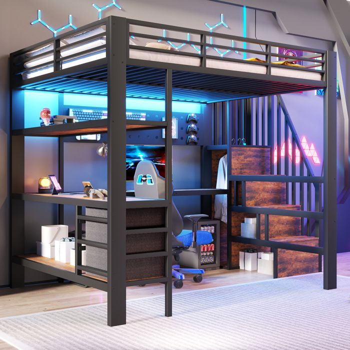 Lit mezzanine - LEMONBEST - 140 x 200 - LED intégré - 3 tiroirs - Bureau avec prise