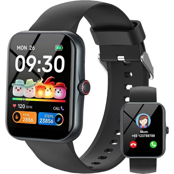 Fitness Tracker Montre Connectée Enfant 1 83HD Montre Intelligente pour Garçon Fille IP68 Étanche pour Ados 4-16 Ans Cadeau Noir