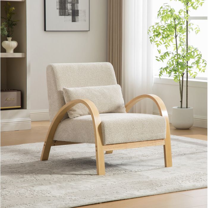 Fauteuil lounge scandinave EVRYAE en chenille beige 82 5 x 70 5 x 80 5 cm avec pieds en bois massif