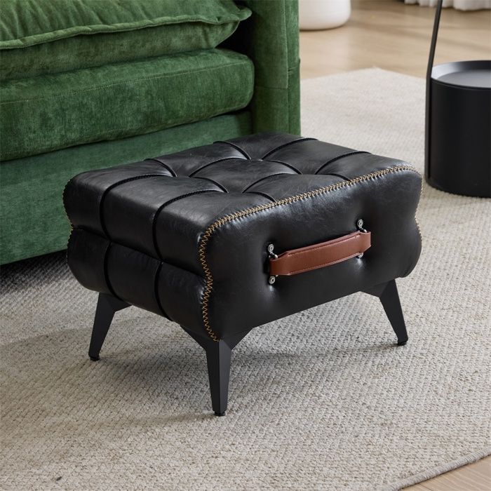 Pouf Repose-Pieds - Tabouret Bas Poignée Cuir Marron - Bout de Lit Entrée Salon Chambre - Noir