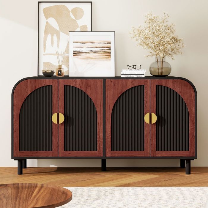 Buffet bas - SOGEU - 150 cm - façades galbées - Noir mat & bois - 4 portes étagères réglables