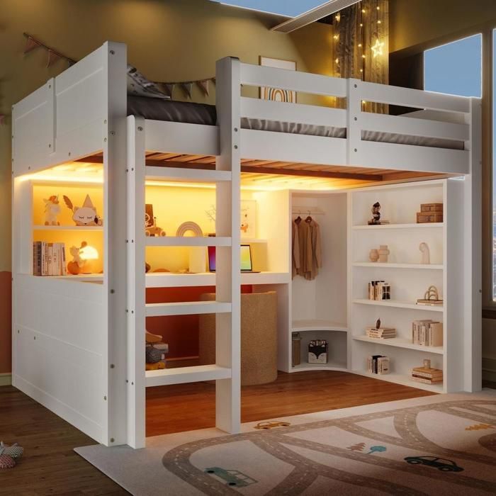 Lit mezzanine - KOMHTOM - 140x200 cm - LED intégrée - armoire & bureau intégrés - 3 tiroirs & rangements Lit mezzanine - KOMHTOM - 140x200 cm - LED intégrée - armoire & bureau intégrés - 3 tiroirs & rangements