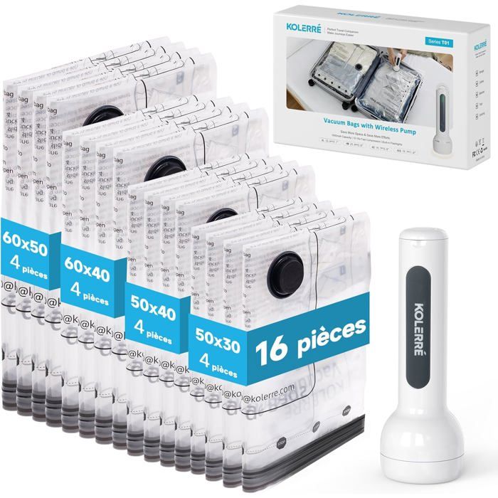 Sacs sous vide 16 pcs avec pompe rechargeable 4 tailles (60x50/60x40/50x40/50x30cm) rangement valise vêtements organisation