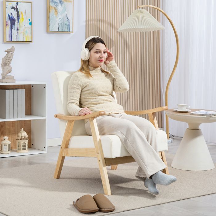 Fauteuil rembourré en mousse - Scandinave - Velours blanc crème - Assise 17 cm - Cadre bois d’hévéa