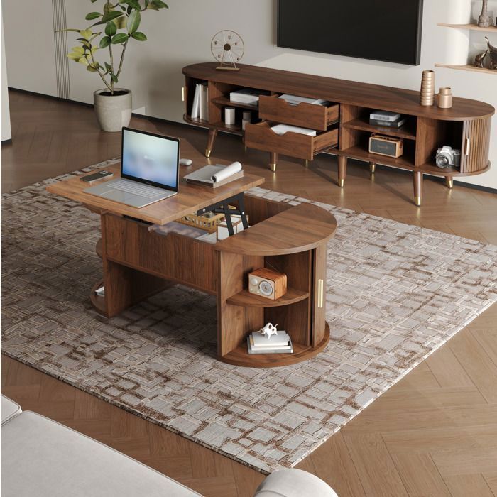 WUVRIE Ensemble de salon 2 pièces meuble TV et table basse relevable portes coulissantes noyer