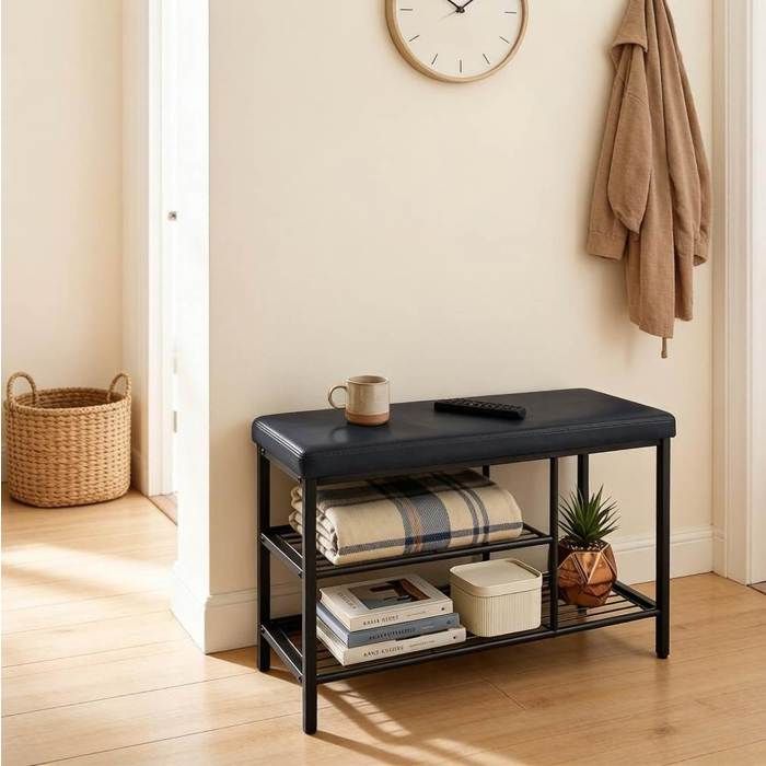 Banc à chaussures noir avec assise rembourrée 3 rangements ouverts structure métal 80 x 30 x 50 cm