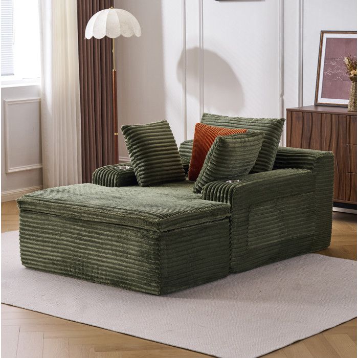 Canapé de sol convertible 1 place vert en velours côtelé avec méridienne 3 coussins couverture 2-en-1