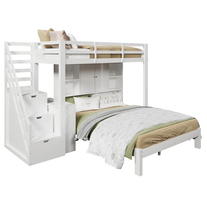 Lit superposé enfant avec escalier rangement 90x200cm+140x200cm lit combiné table d’appoint mobile étagère grande capacité