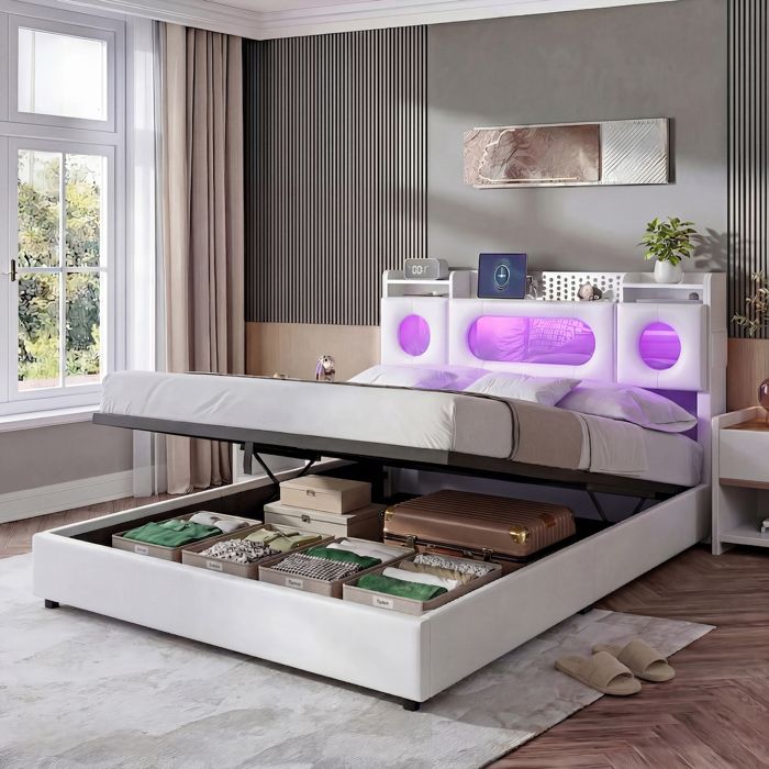 lit coffre lit double 160x200cm cuir PU blanc tête lit modulable RGB USB type-C sommier lattes lit hydraulique chambre adulte