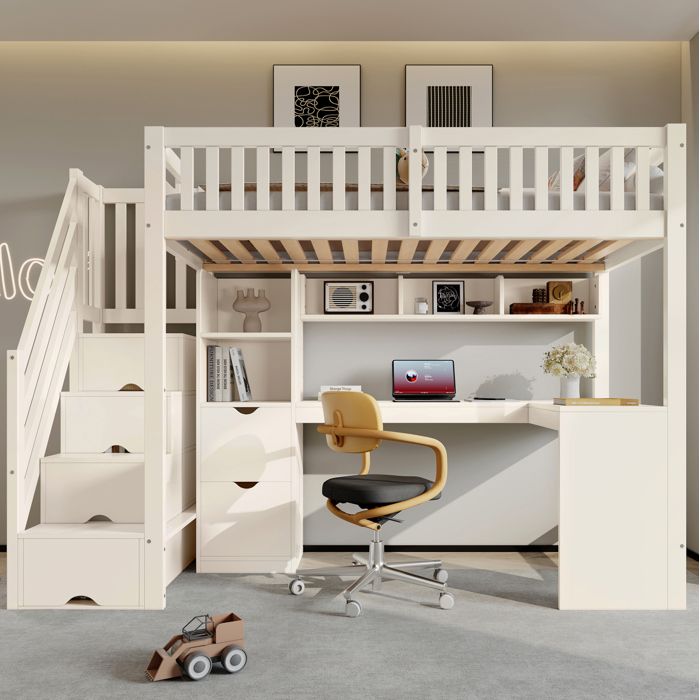 MEUBLIV Lit mezzanine enfant 90x200 cm blanc avec bureau dangle escalier rangement et tiroirs