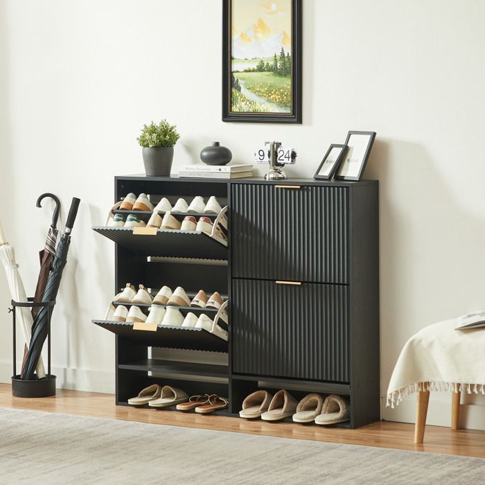 Meuble à chaussures 2 portes abattantes et étagères réglables pour entrée noir 120 x 24 x 102 cm - UVRION
