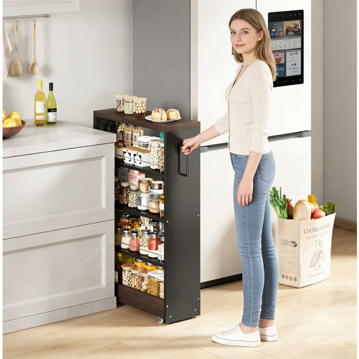 Desserte De Rangement 12cm Noir Et Marron Chariot Slim FloraGrace Pour Cuisine Et Salle De Bain 4 Étagères Réglables 55x12x85cm