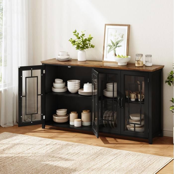 Buffet de Cuisine 4 Portes Vitrées Grand Rangement et Plateau Aspect Bois - BEAUNIV - Moderne Noir 160×40×86 cm
