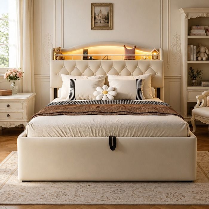 Lit 140x200 cm avec LED et USB sommier à lattes en métal tissu velours litcoffre 140x200 coffre lit double 140x200 Beige