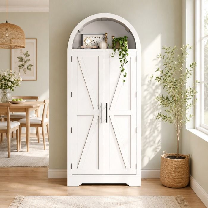 Armoire Arche Blanche Vitrine Meuble Bar Étagères Réglables Style Campagne 70x35x170cm