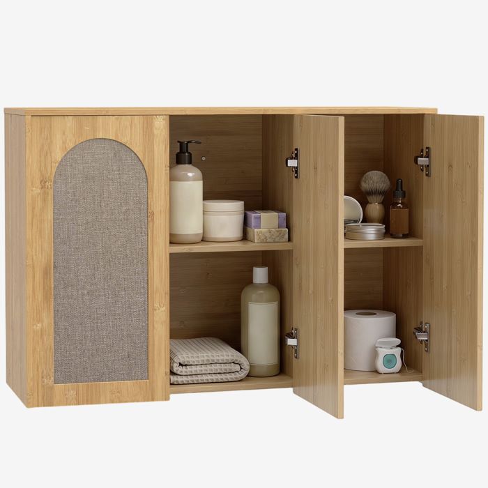 Armoire murale de salle de bain - HOMCOM - 3 portes effet rotin à fermeture douce et étagère réglable - bois - 88 5x30x60cm - chêne Armoire murale de salle de bain - HOMCOM - 3 portes effet rotin à fermeture douce et étagère réglable - bois - 88 5x30x60cm - chêne