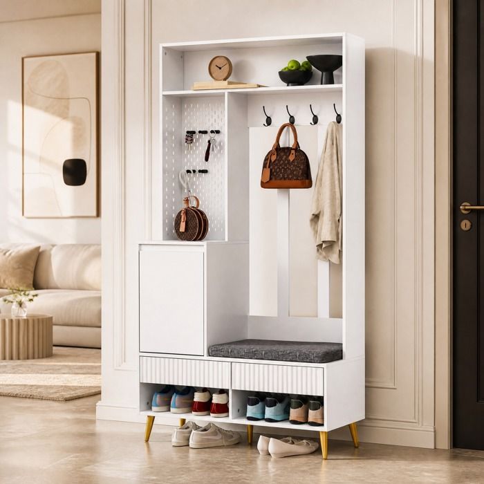 Meuble dentrée vestiaire blanc 100 x 35 x 180 cm avec 4 crochets 2 tiroirs 1 porte banc MDF FOLYNA