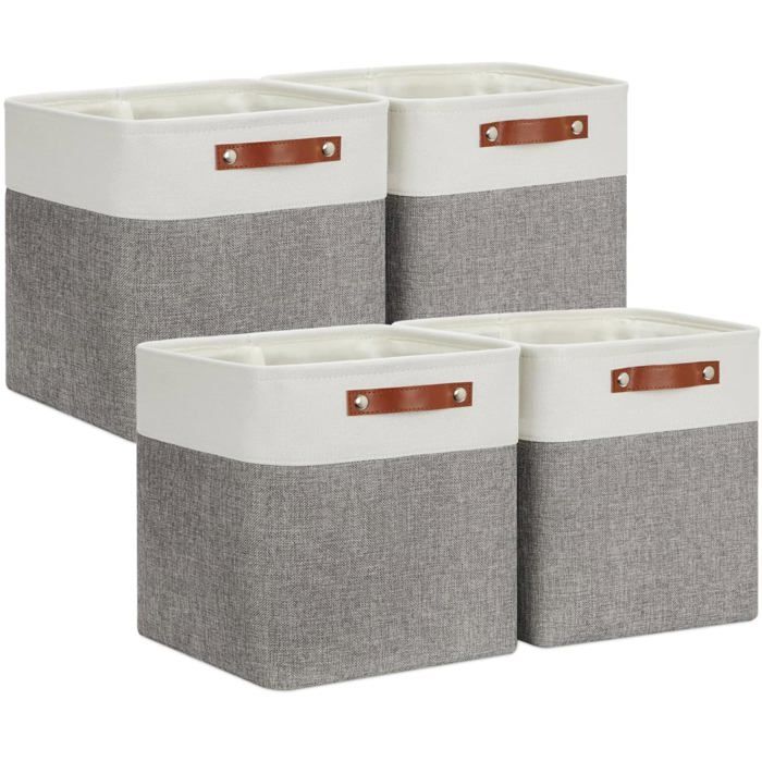 Boite de Rangement en Tissu 28x28x28cm Lot de 4 Paniers de Rangement Cubiques Pour Armoire Etagere et Vetements Gris&Blanc