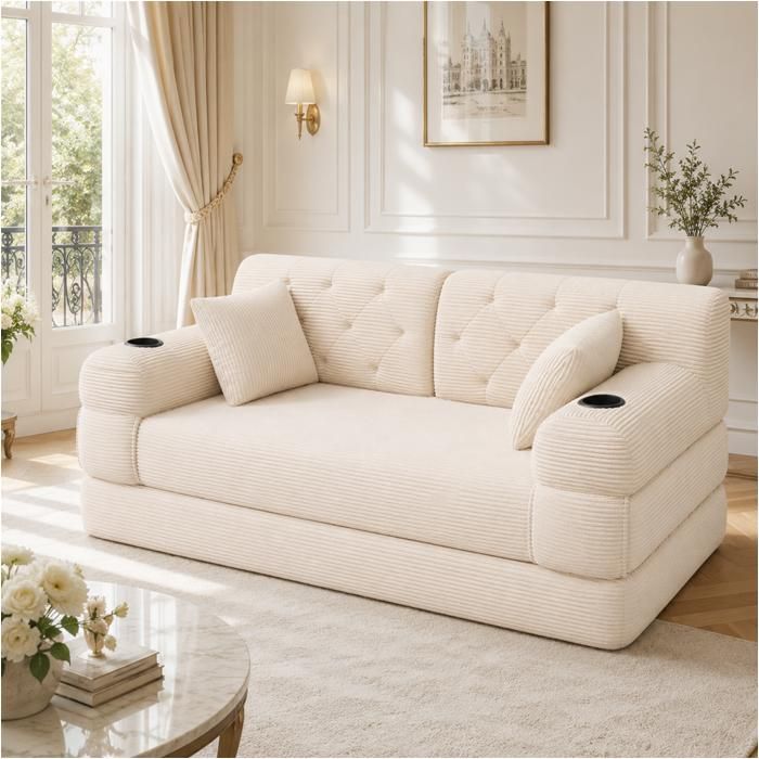 Canapé Lit Convertible 2 Places - 168x80x81cm - Banquette BZ en Velours Côtelé avec Porte-Gobelets et Poches - Beige