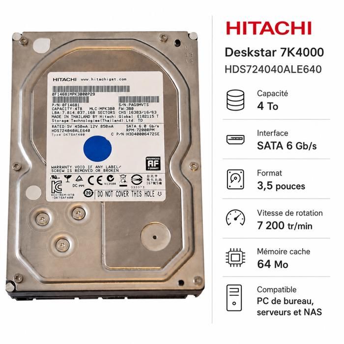 Disque dur interne Hitachi Deskstar 7K4000 4 To 3 5 pouces SATA 6 Gb/s HDS724040ALE640
