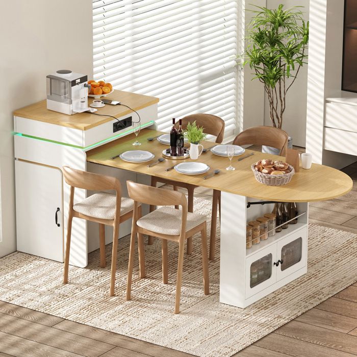 Îlot de Cuisine 80x55x95.5 cm Extensible avec LED Prises USB/Type-C Rangement Table à Manger Roulante - Blanc