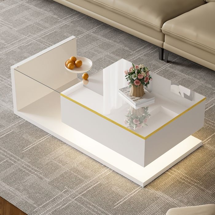 Table basse moderne 100 cm avec éclairage multicolore mobilier de séjour blanc brillant doté dun plateau vitré 100x50x32.5 cm