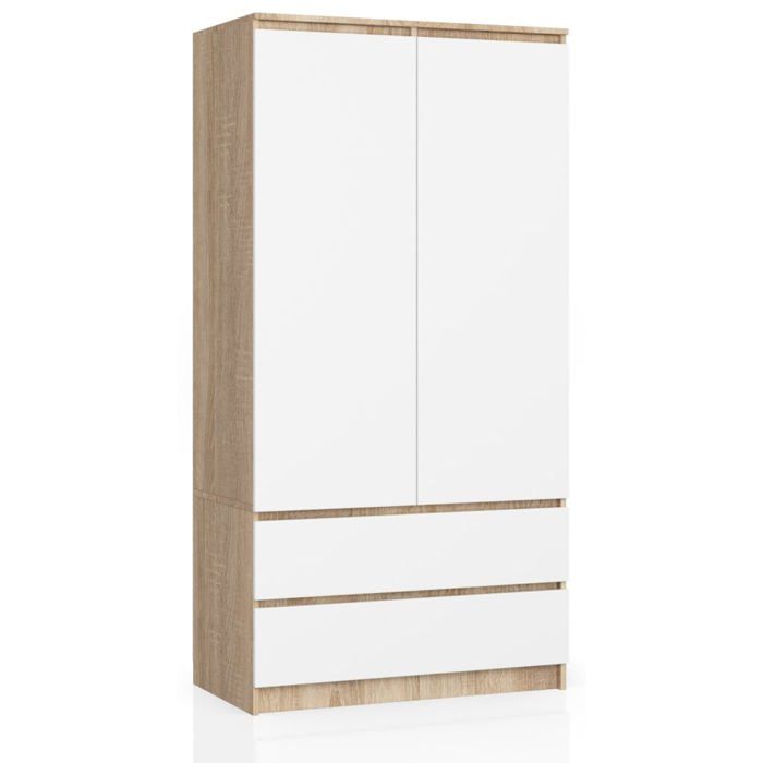 Armoire AKORD S90 Chêne Sonoma 90 cm 2 portes 2 tiroirs façade Blanche 4 étagères 90x51x180 cm Armoire AKORD S90 Chêne Sonoma 90 cm 2 portes 2 tiroirs façade Blanche 4 étagères 90x51x180 cm