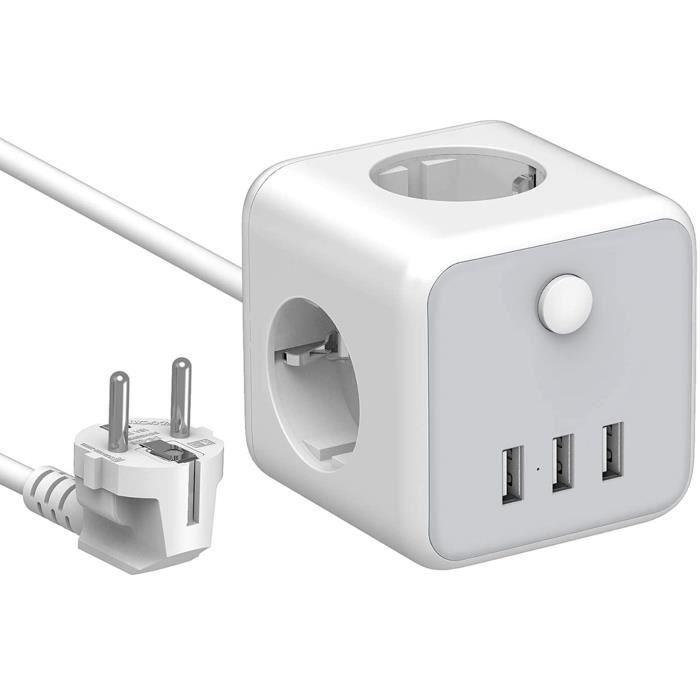 Multiprise JSVER 3 Prises + 3 Ports USB, Interrupteur, Câble 2M, 3680W 16A, Protection Enfants