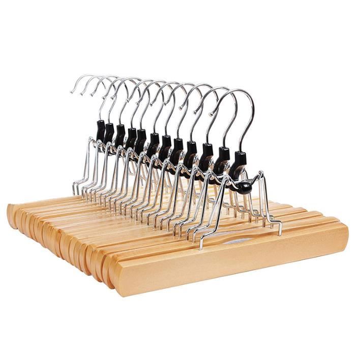 Jetcco Lot de 12 cintres antidérapants en bois de Guger – pinces inox réglables finition noyer