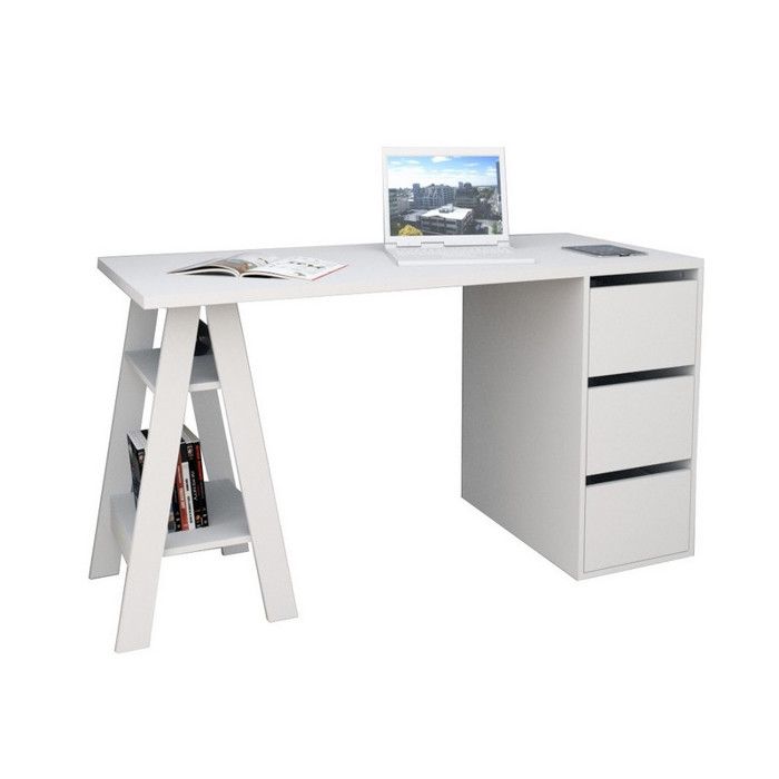 Bureau - Blanc - Tréteau et Caisson - 3 Tiroirs - 2 Niches - Droit 135x60x75 cm Bureau - Blanc - Tréteau et Caisson - 3 Tiroirs - 2 Niches - Droit 135x60x75 cm