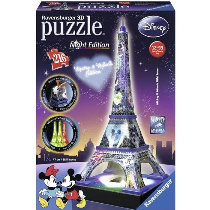 puzzle 3d tour eiffel disney - edition nuit - 216 pièces - leds