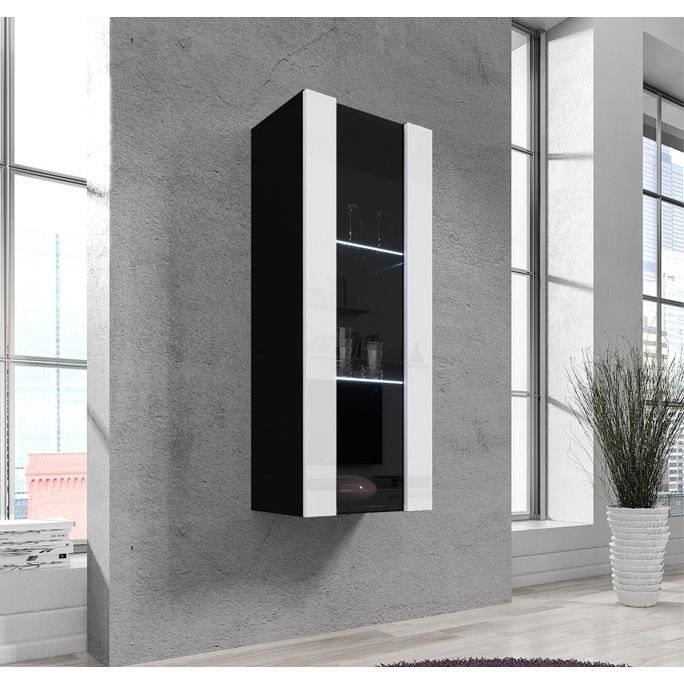 Armoire Murale Vitrine LED - NORA V2 - 40x126x29cm - Noir et Blanc - 3 Compartiments - Finition Brillante Armoire Murale Vitrine LED - NORA V2 - 40x126x29cm - Noir et Blanc - 3 Compartiments - Finition Brillante