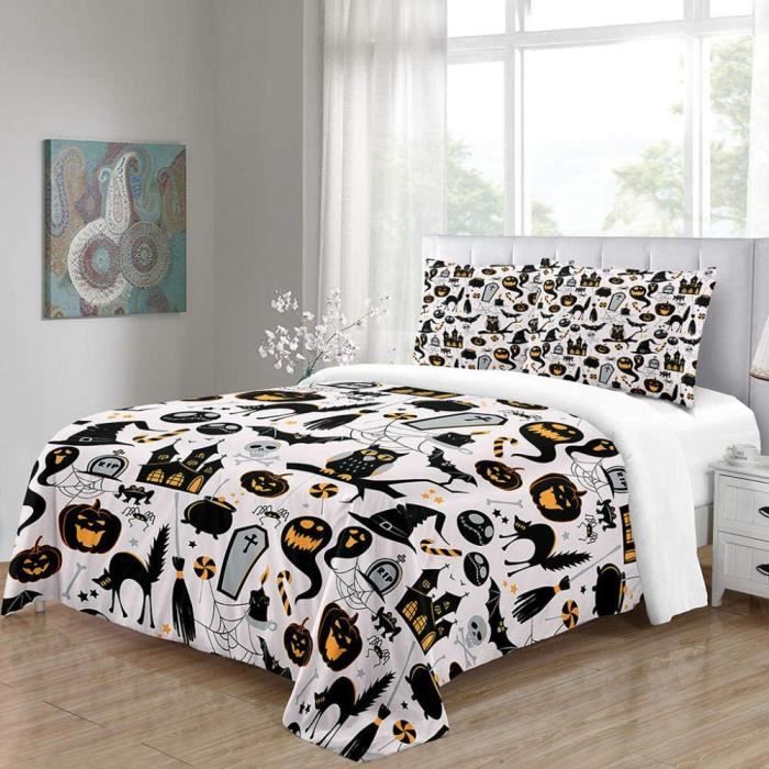 Housse De Couette Noire D’Halloween Motif 200x200 cm - 100% Microfibre - Ensemble avec 2 Taies doreiller