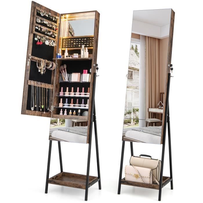COSTWAY Armoire à Bijoux sur Pied - Miroir Pleine Longueur Lumières LED 3 Couleurs Miroir Intérieur Porte Verrouillable - Marron