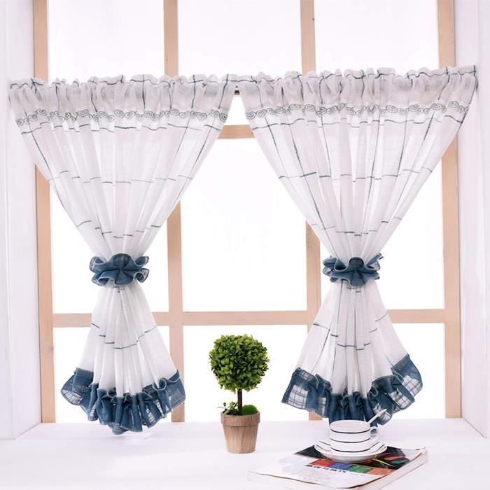 Hongya 1pcs rideaux brise bise en lin bleu semi-transparent fenetre de  cuisine chambre treillis avec embrasses -L-H 140 x 60 cm