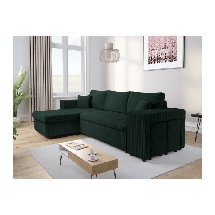 Canapé dangle réversible MADY avec coffre rangement poufs à droite en velours côtelé vert foncé - L254 x P146 x H81cm - LOUNGITUDE